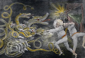 Political Quixotism shewing the Consequences of Sleeping in Patent Magic Spectacles, the Diplomatic Hercules, attacking the Political Hydra, pub. 1833 (håndkoloreret gravering)
